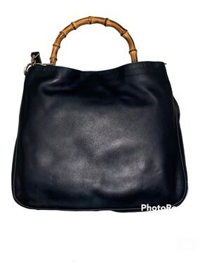 Authentic Gucci Vintage Navy Blue Leather Bamboo Handle Two Way Large Tote Bag